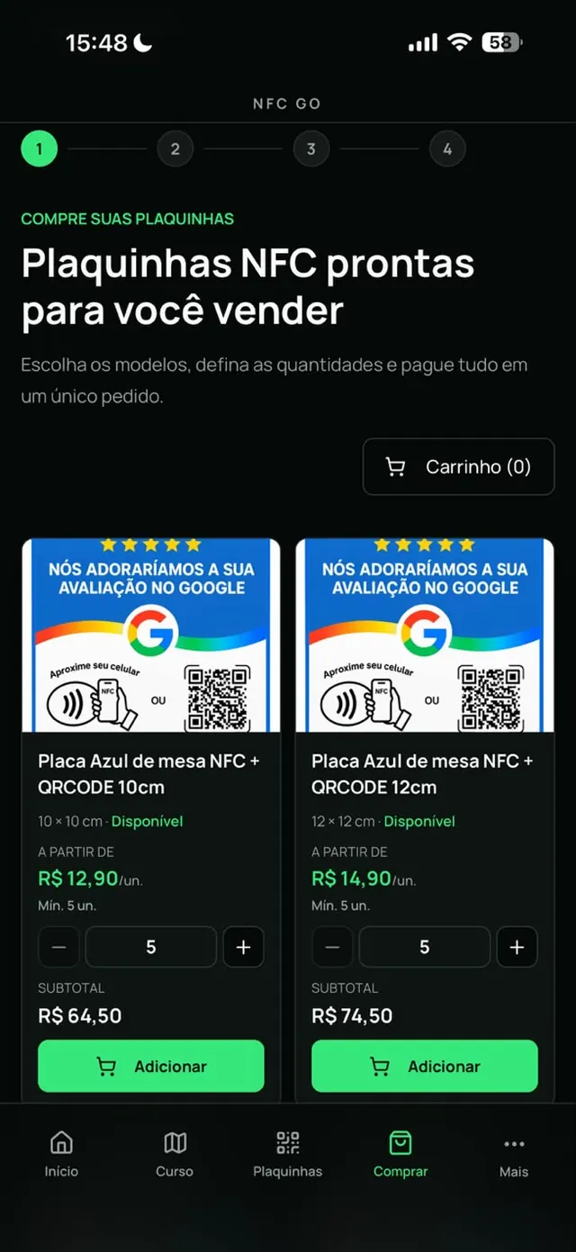 Tela de compra de plaquinhas NFC dentro do NFC GO