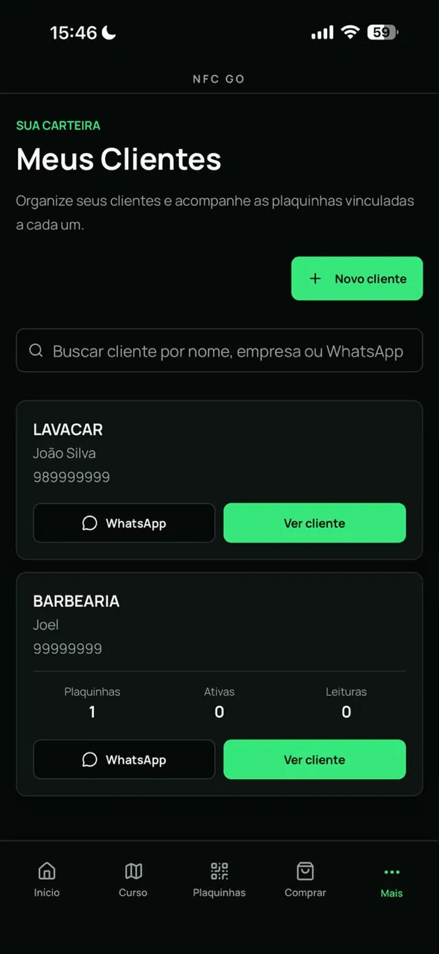 Tela Meus Clientes com carteira de clientes