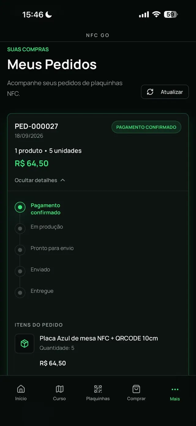 Tela Meus Pedidos com status de produção e envio