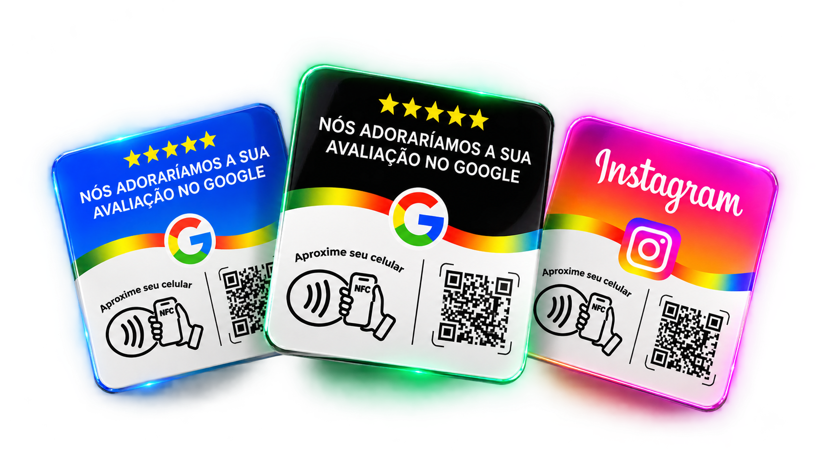 Três plaquinhas NFC com QR Code: Google azul, Google preta e Instagram
