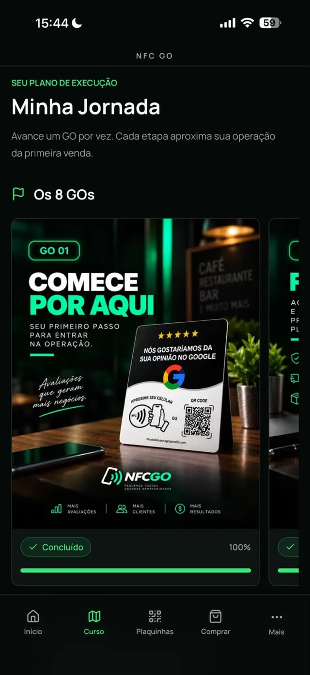 Tela Minha Jornada com os 8 GOs do NFC GO