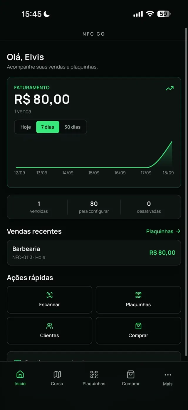 Painel inicial do NFC GO com faturamento e vendas recentes