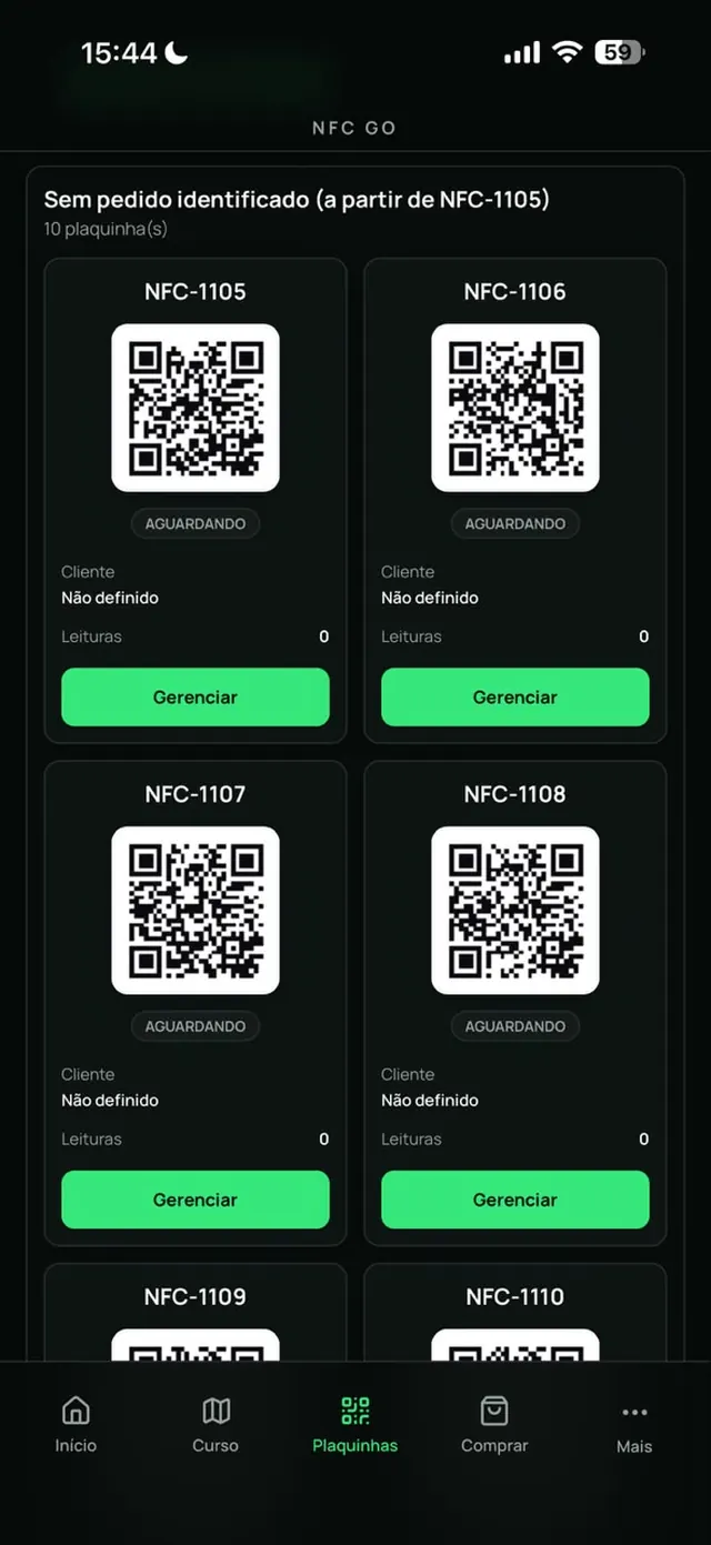 Tela de plaquinhas com QR Codes gerados